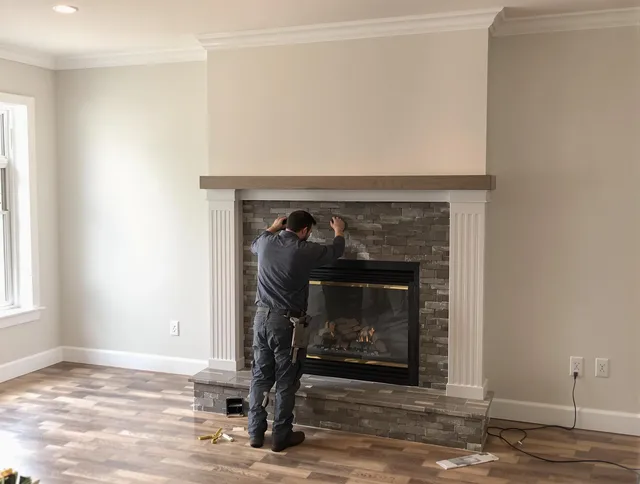 Paramount Chimney Sweep finishing a custom fireplace install in Paramount, CA